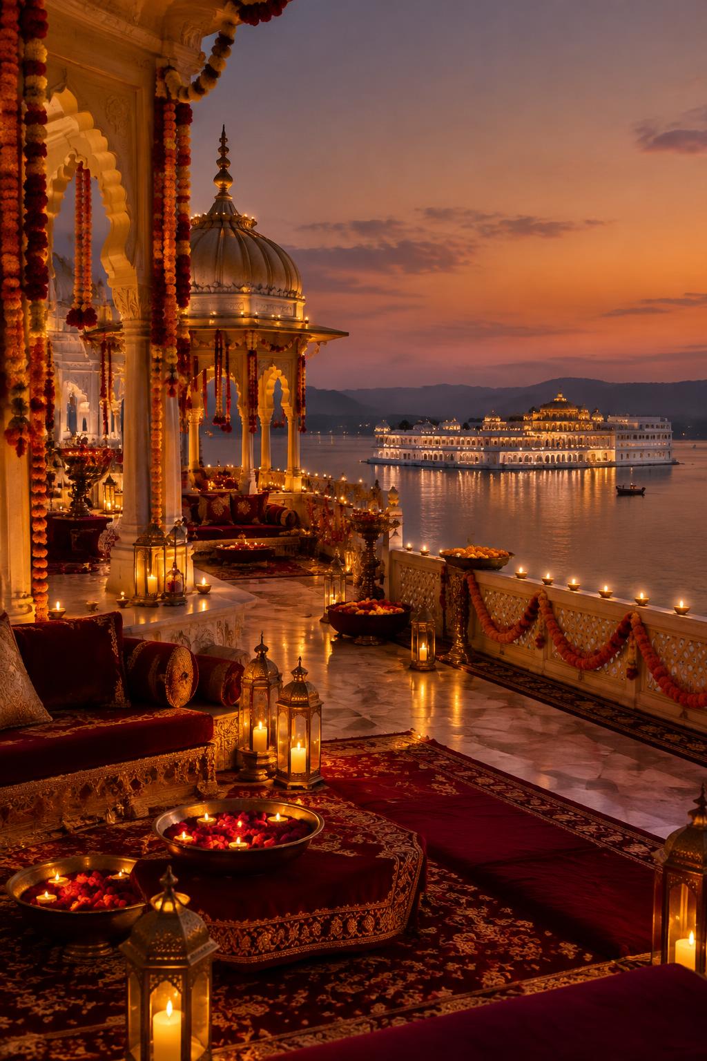 Lake palace in Udaipur at dusk